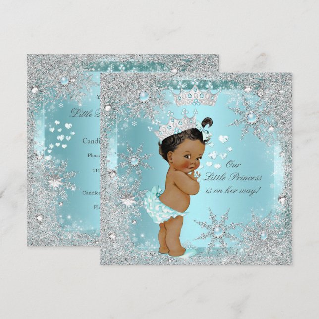 Invitation Princess Girl Baby shower Turquoise Blue Hearts Et (Devant / Derrière)