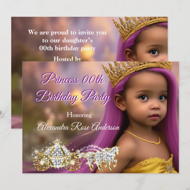 Invitation Princess Girls Anniversaire de fête Carriple or vi (Devant / Derrière)