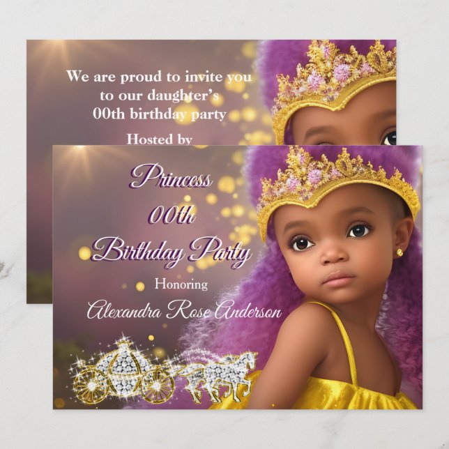 Invitation Princess Girls Anniversaire fête tiara violette et (Devant / Derrière)