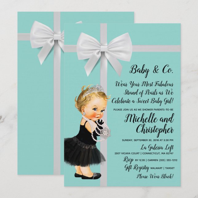 Invitation Princess Little Black Robe Baby shower bleu (Devant / Derrière)