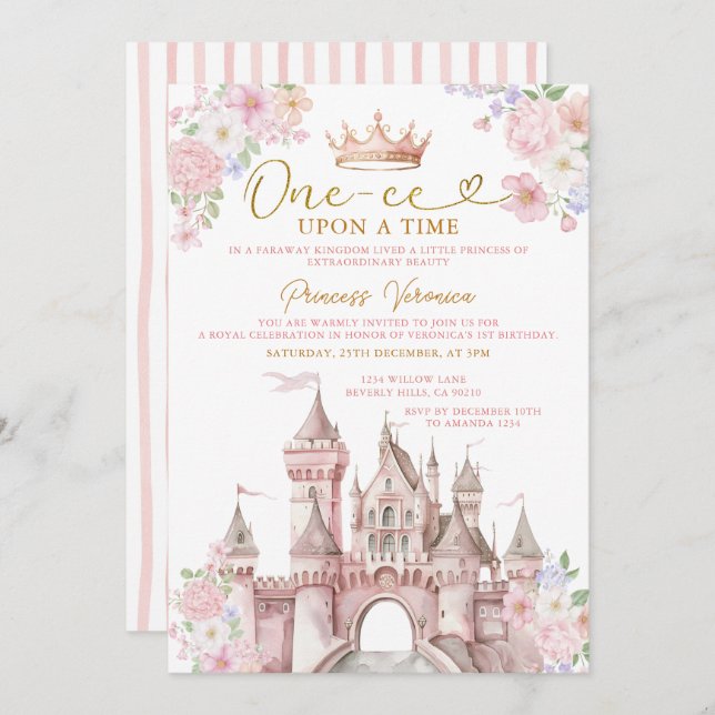 Invitation Princess ONE-CE Upon a time Birthday Castle Crown (Devant / Derrière)