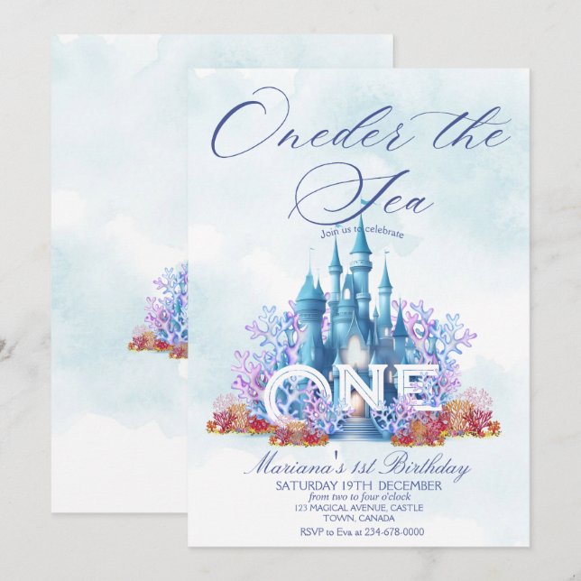 Invitation Princess Oneder The Sea Watercolor Joyeux annivers (Devant / Derrière)