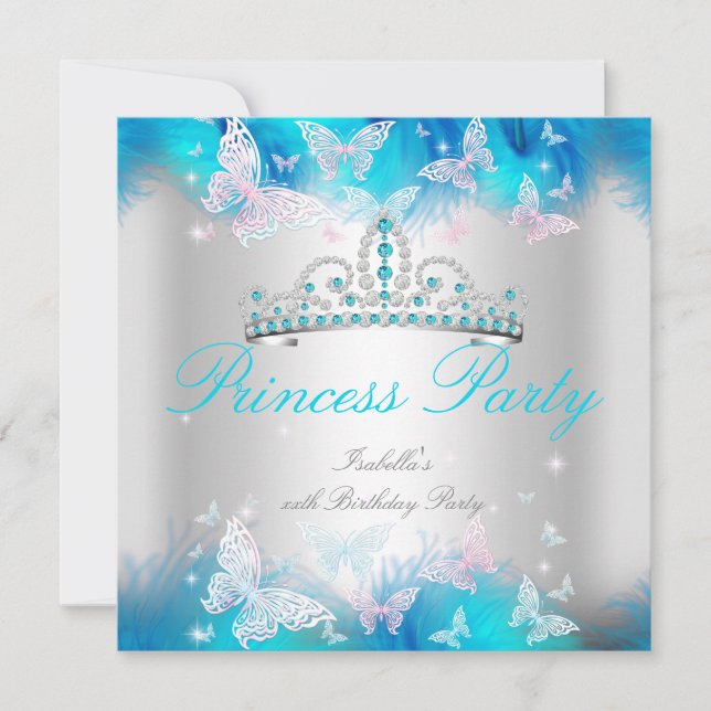 Invitation Princess Party rose Turquoise Bleu Tiara Papillon (Devant)