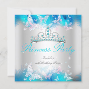 Invitation Princess Party rose Turquoise Bleu Tiara Papillon