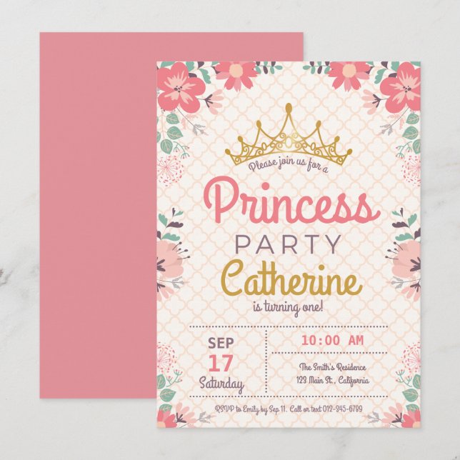 Invitation Princess Party sur Floral Arrière - plan. (Devant / Derrière)