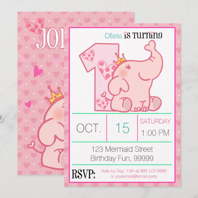 Invitation Princess Pink Elephant 1er Anniversaire (Devant / Derrière)