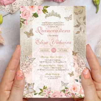 Invitation Princess Pink Gold Rose Butterfly Glam Quinceanera