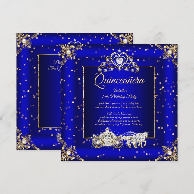 Invitation Princess Quinceanera Elite Royal Blue Gold Sparkle (Devant / Derrière)