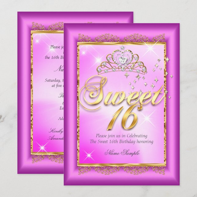 Invitation Princess Sweet 16 Hot rose Magenta Gold Party (Devant / Derrière)