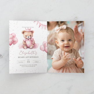 Invitation Princess Teddy Bear Beary 1st Birthday Pink Girls