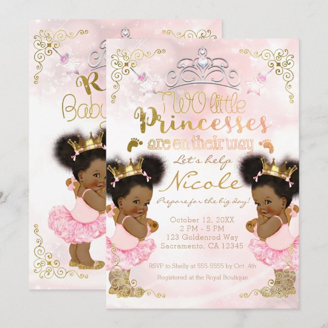 Invitation Princess Tutu Baby shower ethnique Twin Girls (Devant / Derrière)