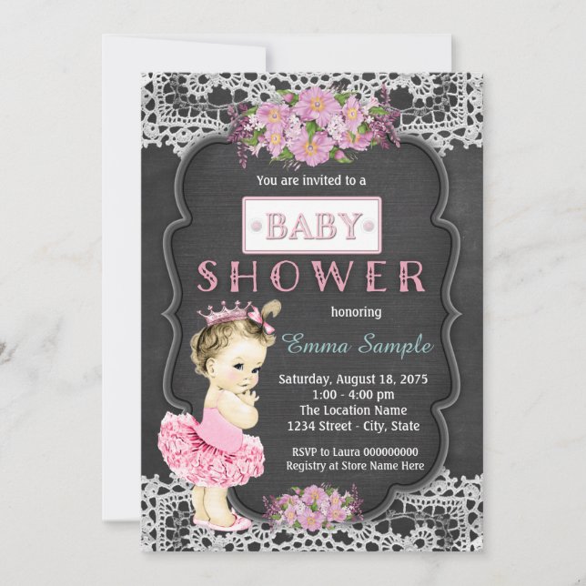 Invitation Princess Tutu Chalkboard Baby Girl Douche (Devant)