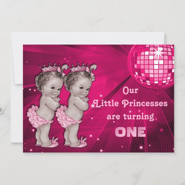 Invitation Princess Twins Pink Disco Ball 1er anniversaire (Devant)