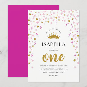 Invitation Princesse 1er anniversaire   Confetti or et rose