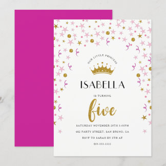 Invitation Princesse 5e anniversaire | Confetti or et rose