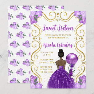 Invitation Princesse à peau foncée sweet sixteen en violet