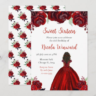 Invitation Princesse à peau foncée Sweet sixteen Floral rouge