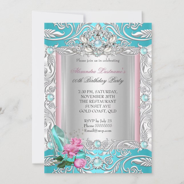 Invitation Princesse Anniversaire Fête Turquoise Rose Haut ta (Devant)