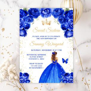 Invitation Princesse aux Cheveux Bruns Bleu Royal Sweet Seize