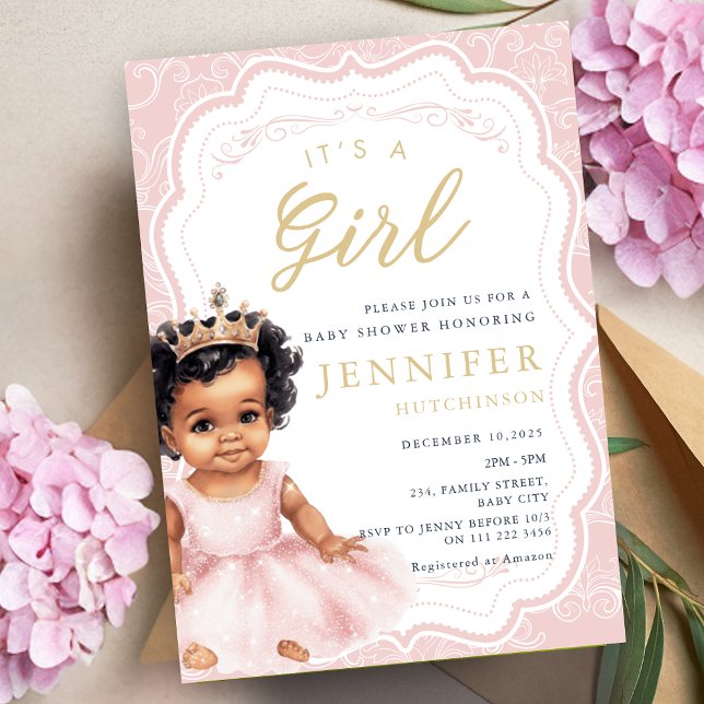 Invitation Princesse Baby shower Africaine Américaine Baby Gi (Princess Baby Shower African American Baby Girl Invitation)