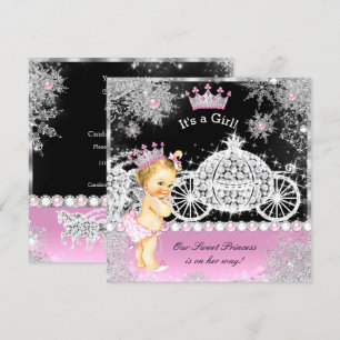 Invitation Princesse Baby Shower Carrosse Rose Noir Blonde