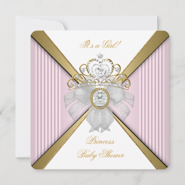 Invitation Princesse Baby shower fille blanche rose or (Devant)