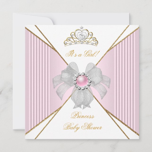 Invitation Princesse Baby shower fille blanche rose Pearl or (Devant)
