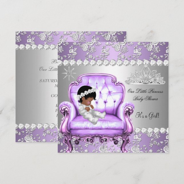 Invitation Princesse Baby shower Fille Lavande Chaise Argent (Devant / Derrière)