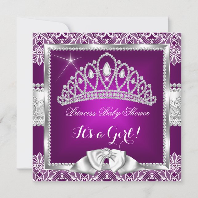 Invitation Princesse Baby shower Fille Plum rose Silver dente (Devant)
