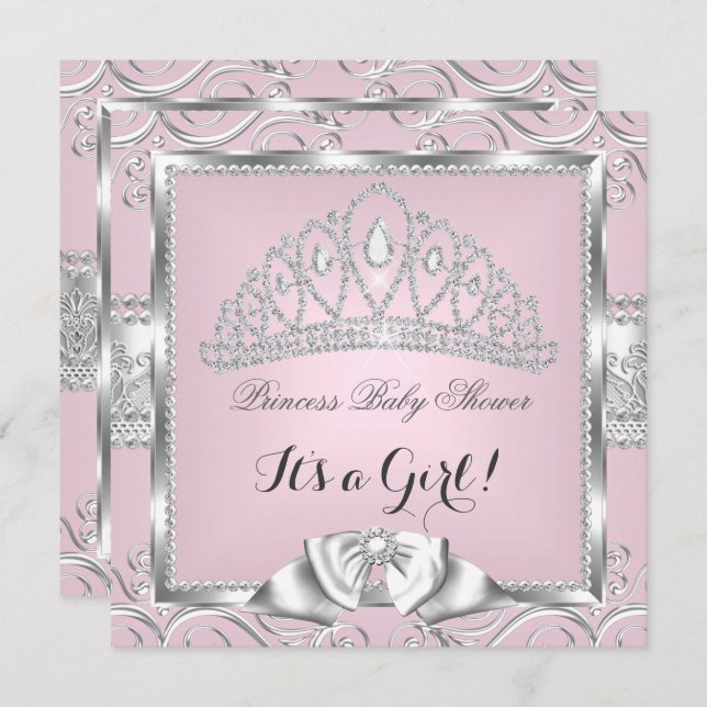 Invitation Princesse Baby shower fille rose argent damask (Devant / Derrière)