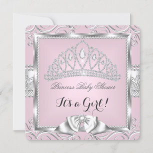 Invitation Princesse Baby shower fille rose argent damask