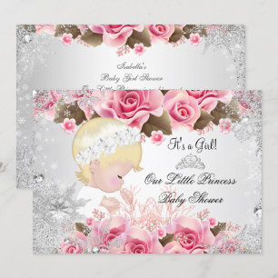 Invitation Princesse Baby Shower Fille Rose Flocons de Neige 