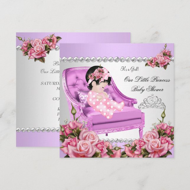 Invitation Princesse Baby shower fille rose Roses Lavande 2 (Devant / Derrière)