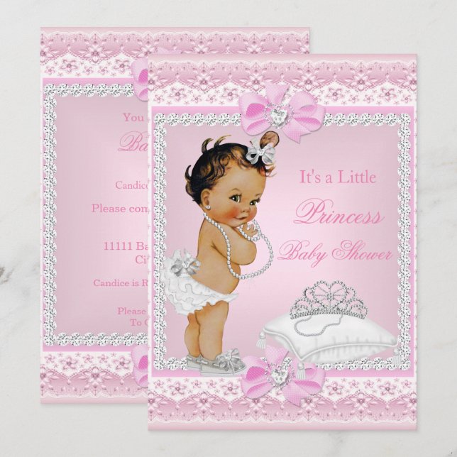 Invitation Princesse Baby shower fille rose Tiara Coeur Brune (Devant / Derrière)