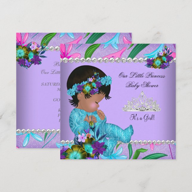 Invitation Princesse Baby shower fille rose Turquoise bleu po (Devant / Derrière)