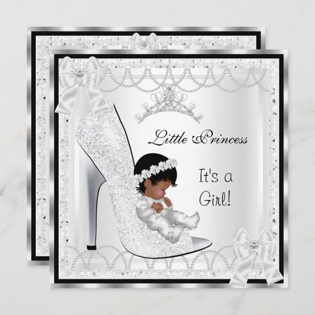 Invitation Princesse Baby shower fille Silver Chaussure blanc (Devant / Derrière)