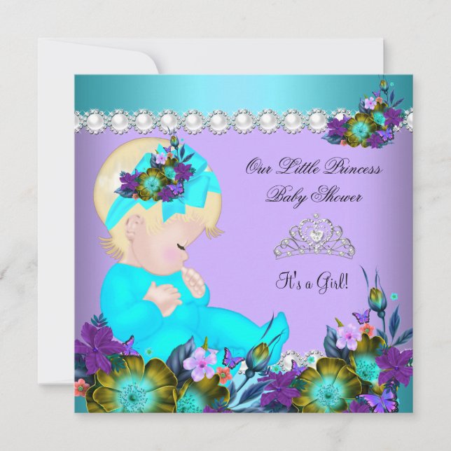 Invitation Princesse Baby shower Fille Turquoise Bleu pourpre (Devant)