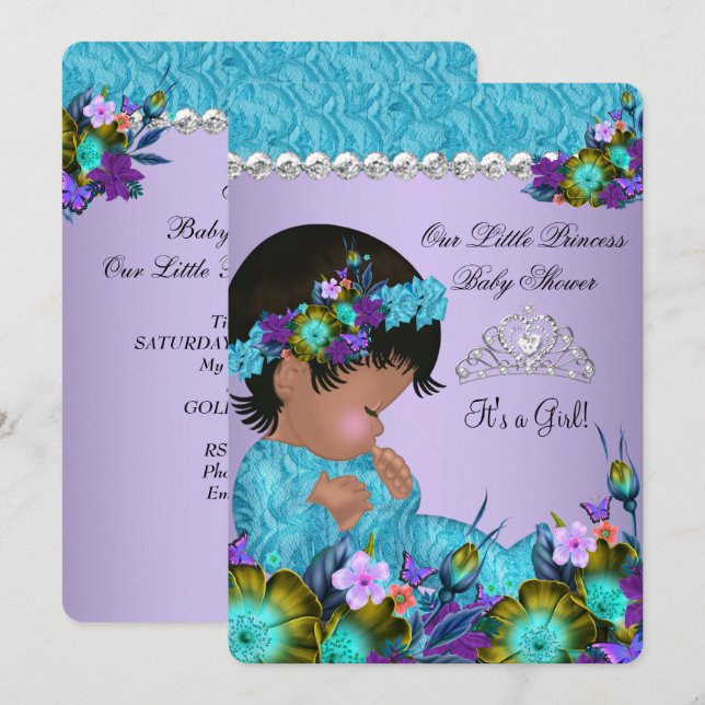 Invitation Princesse Baby shower fille Turquoise bleu pourpre (Devant / Derrière)