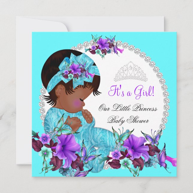 Invitation Princesse Baby shower fille Turquoise bleu pourpre (Devant)