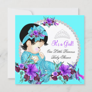 Invitation Princesse Baby shower fille Turquoise bleu pourpre