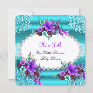 Invitation Princesse Baby shower Fille Turquoise Bleu pourpre