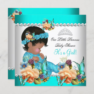 Invitation Princesse Baby shower Fille Turquoise Fleurs Bleue