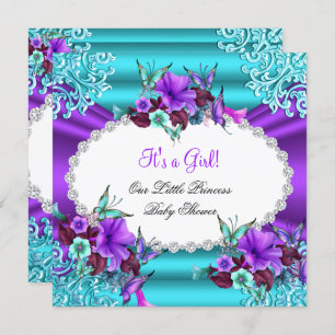 Invitation Princesse Baby shower Fille Turquoise violet Flora