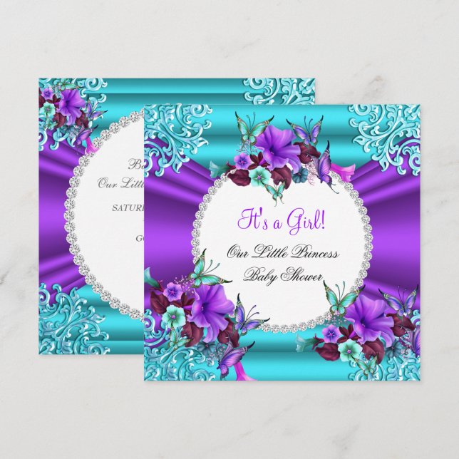 Invitation Princesse Baby shower Fille Turquoise violet Flora (Devant / Derrière)