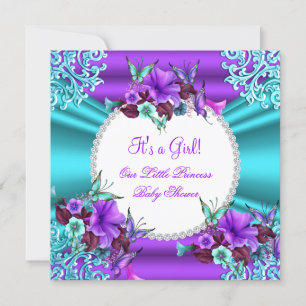 Invitation Princesse Baby shower Fille Turquoise violet Flora