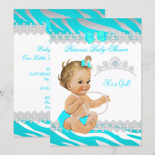 Invitation Princesse Baby shower fille Turquoise Zebra Blonde