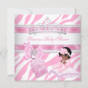 Invitation Princesse Baby shower fille Zebra blanc rose ethni