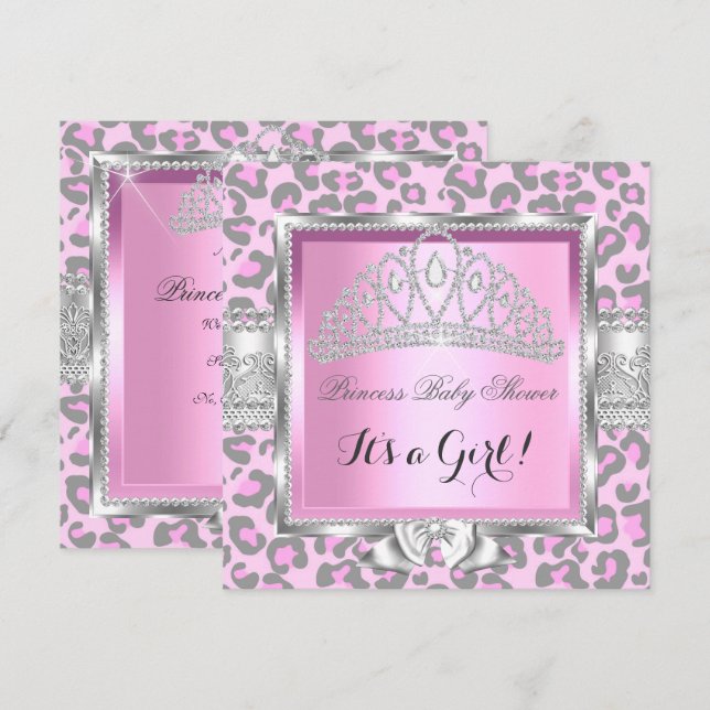 Invitation Princesse Baby shower Girl Léopard gris rose (Devant / Derrière)