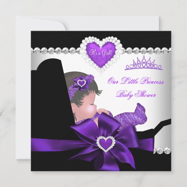Invitation Princesse Baby shower Girl Purple Diamond Coeurs (Devant)