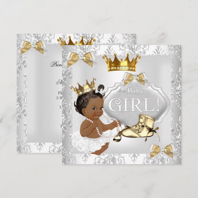 Invitation Princesse Baby shower Gold Argent Damask Ethnique (Devant / Derrière)